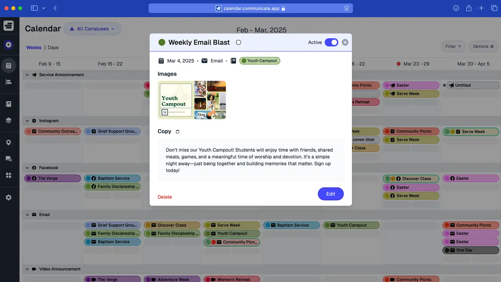 Screenshot of Communicate app multi-channel communication calendar